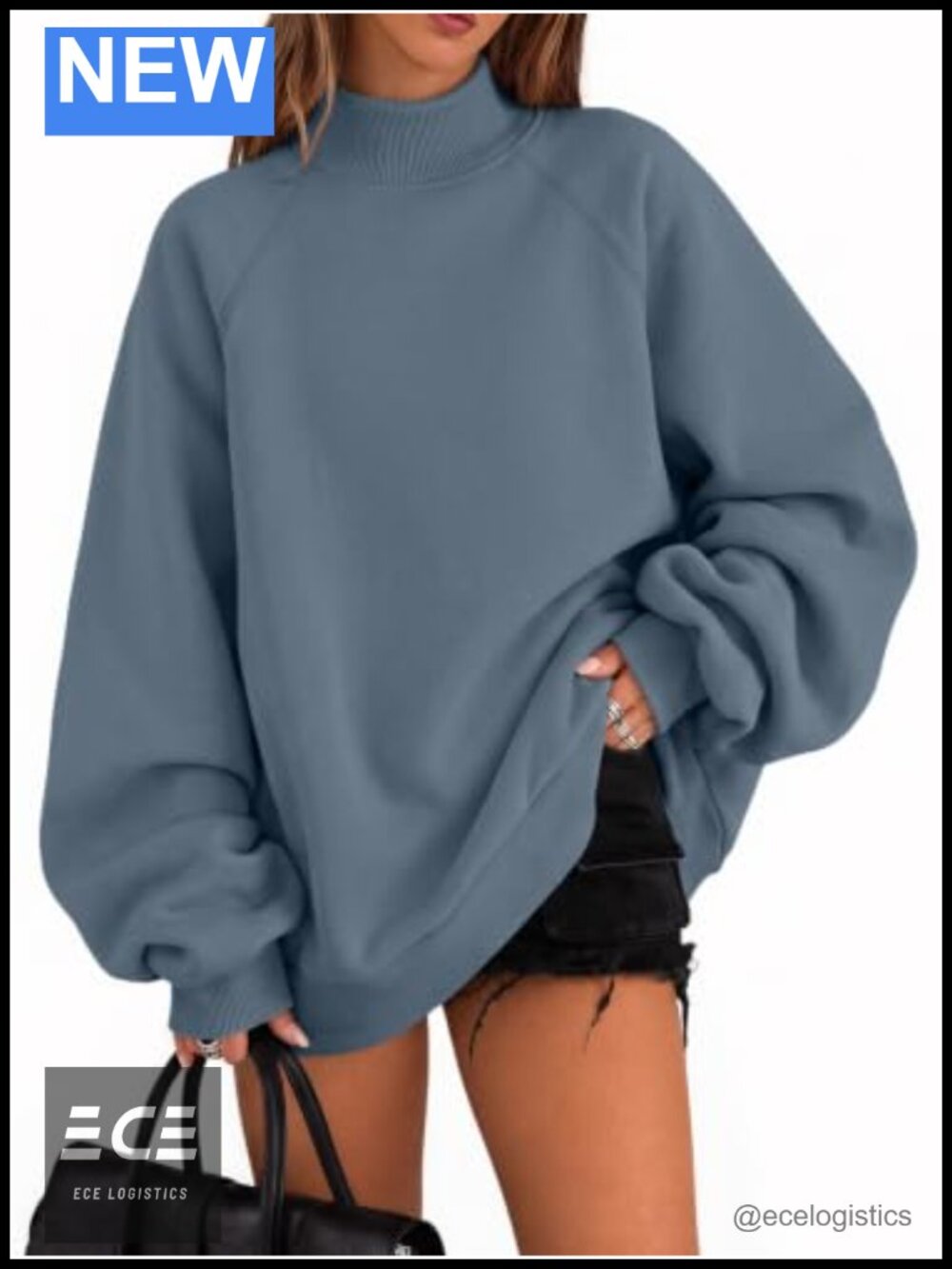 Oversized Mock Neck Sweatshirt with Pockets Raglan Sleeve Pullover